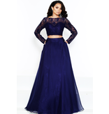 Chiffon, long sleeve lace top 2-piece gown with flowing skirt and pockets