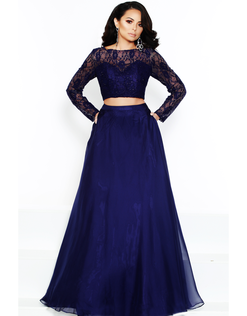 Chiffon, long sleeve lace top 2-piece gown with flowing skirt and pockets