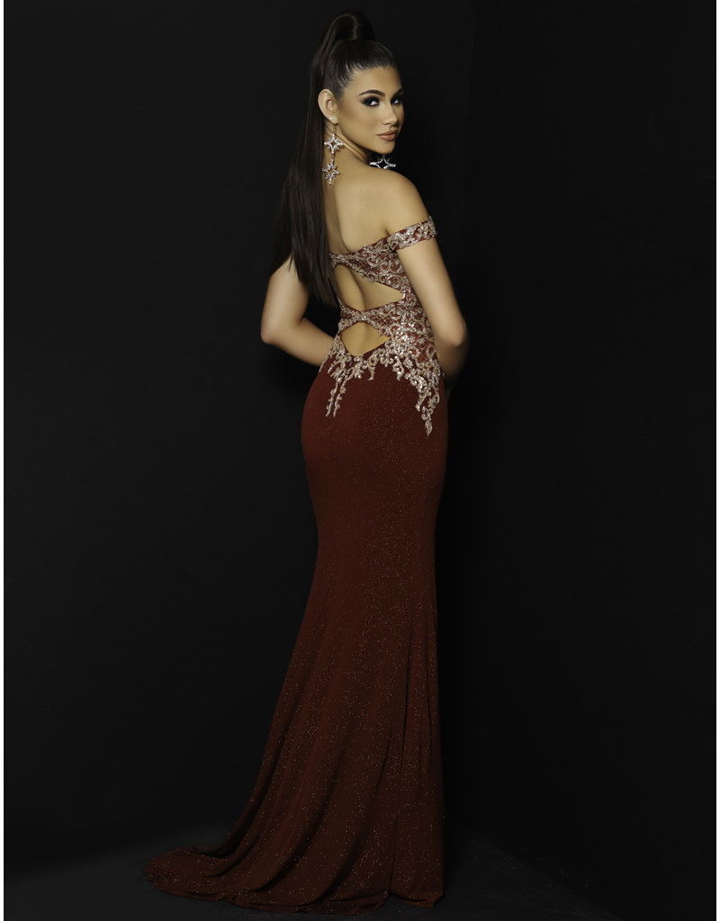 Off the shoulder glitter jersey fitted gown 20227