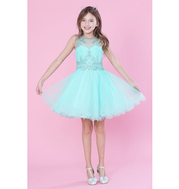 Tween beaded waist illusion high neck short gown - P-43820