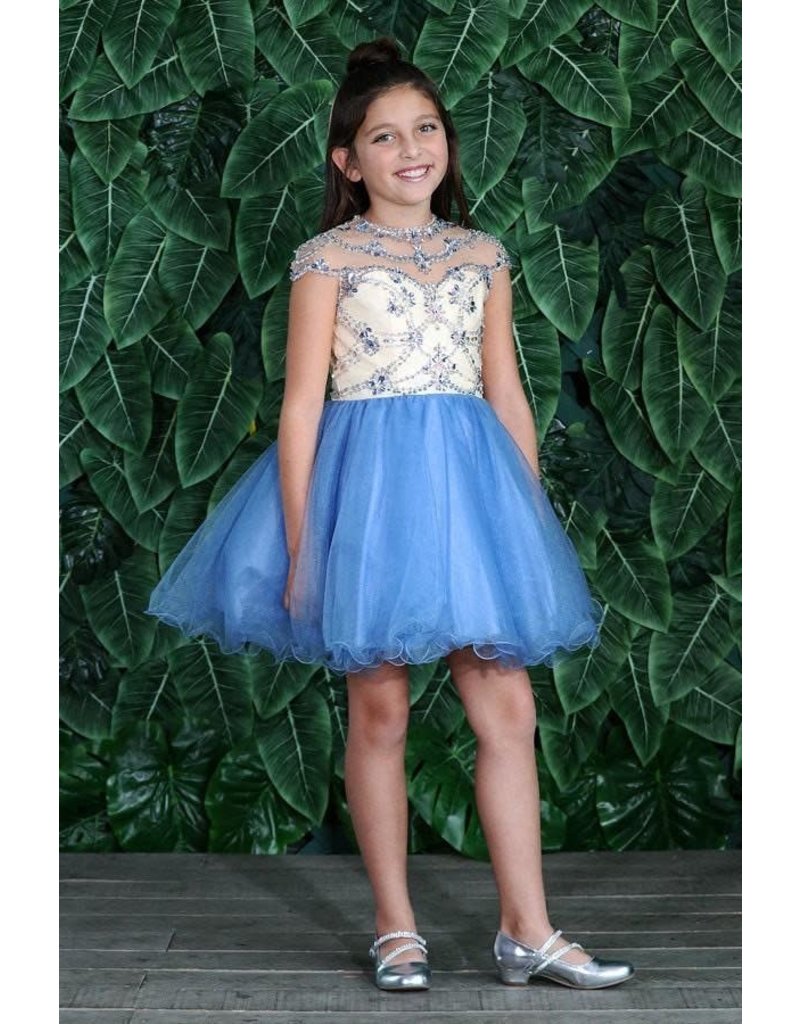 Tween beaded waist two toned illusion high neck short gown - P-43836
