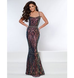 Sequin fitted gown w/beaded belt 20275