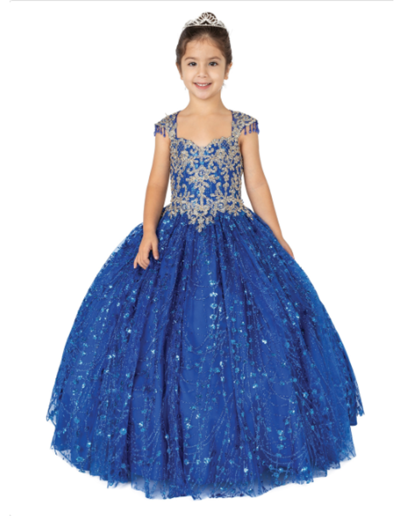 Cap sleeve embroidered bodice glitter tulle ballgown K713