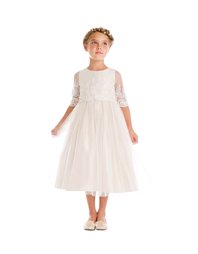 SWEET KIDS SEQUIN & CORD EMBROIDERED MESH TEA LENGTH GOWN SK748