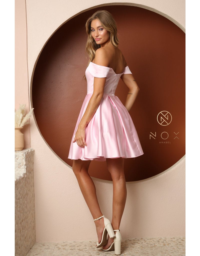 Off the shoulder short satin a-line gown R773