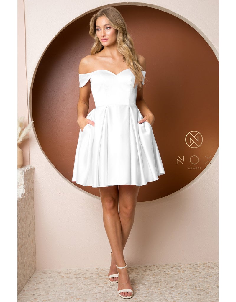 Off the shoulder short satin a-line gown R773