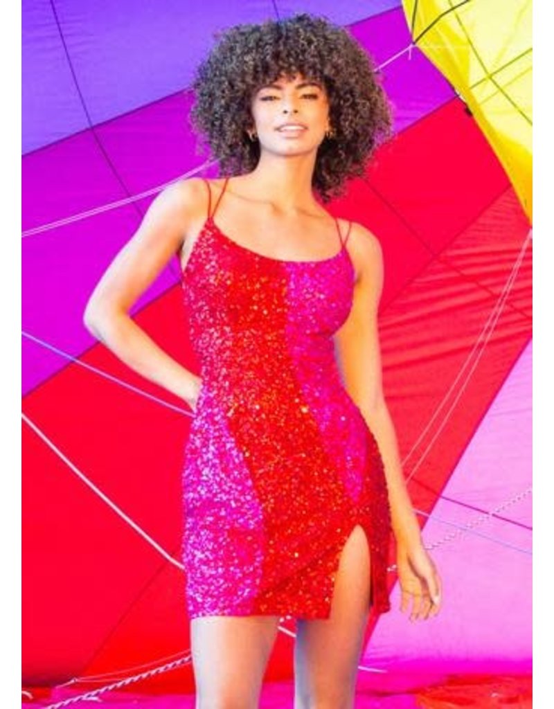 Fitted open back sequin color block short gown 4502