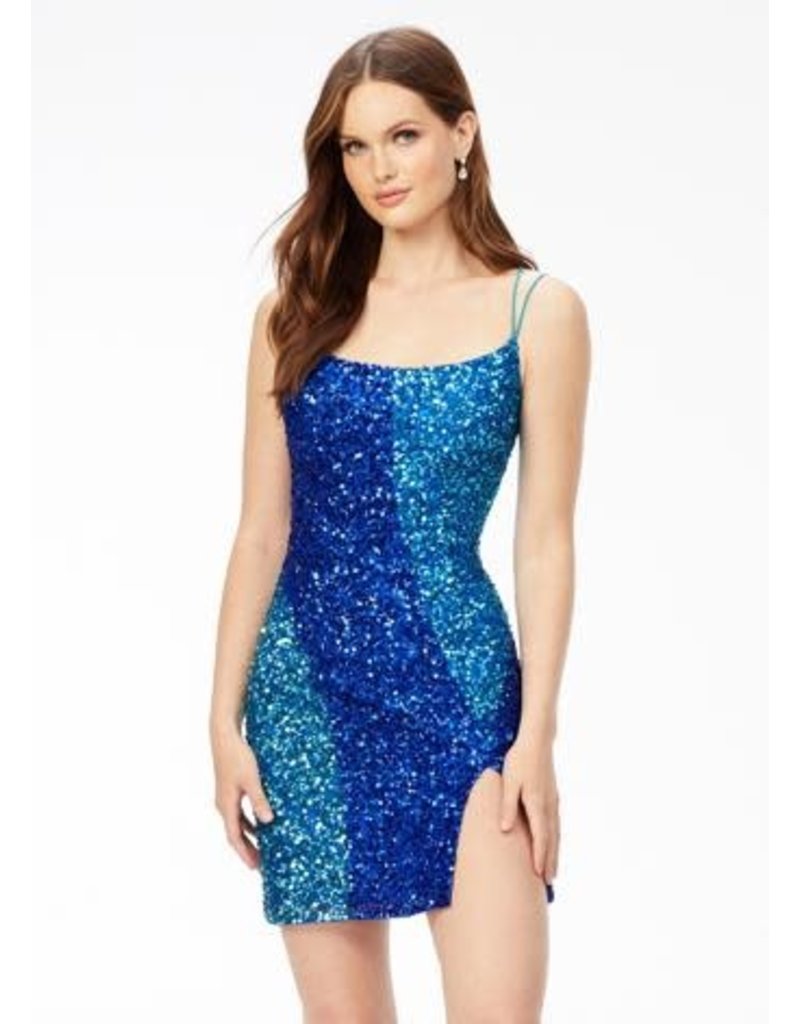Fitted open back sequin color block short gown 4502