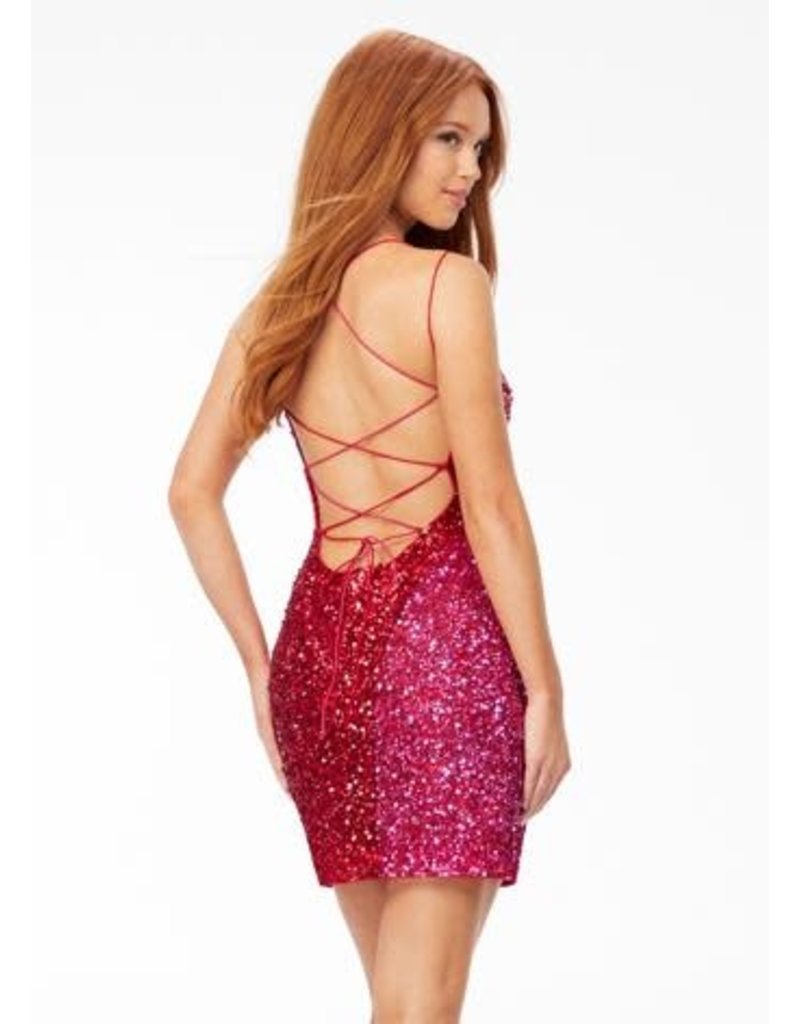 Fitted open back sequin color block short gown 4502