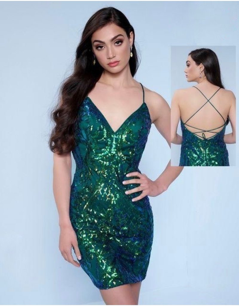 Sequin fitted short gown w/corset back F353