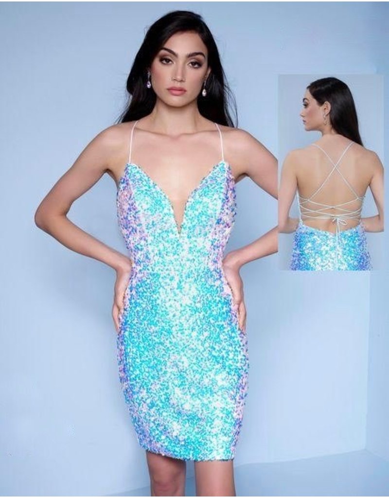 Fitted stretch sequin open back short gown F372