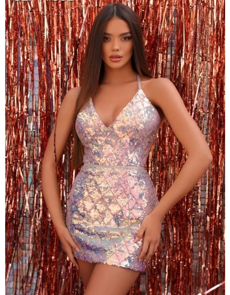 Sequin spaghetti strap fitted open back short gown 30222