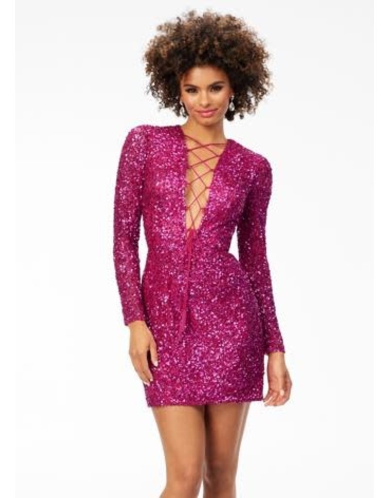 Sequin fitted long sleeve short gown 4512