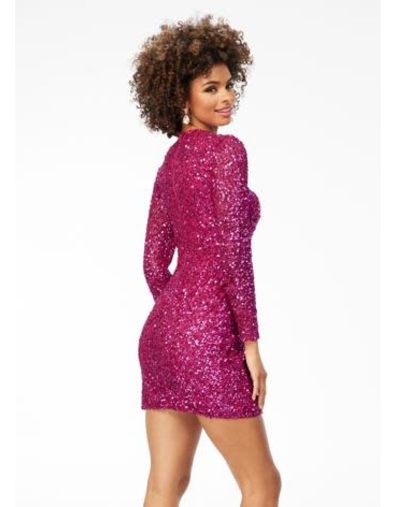 Sequin fitted long sleeve short gown 4512