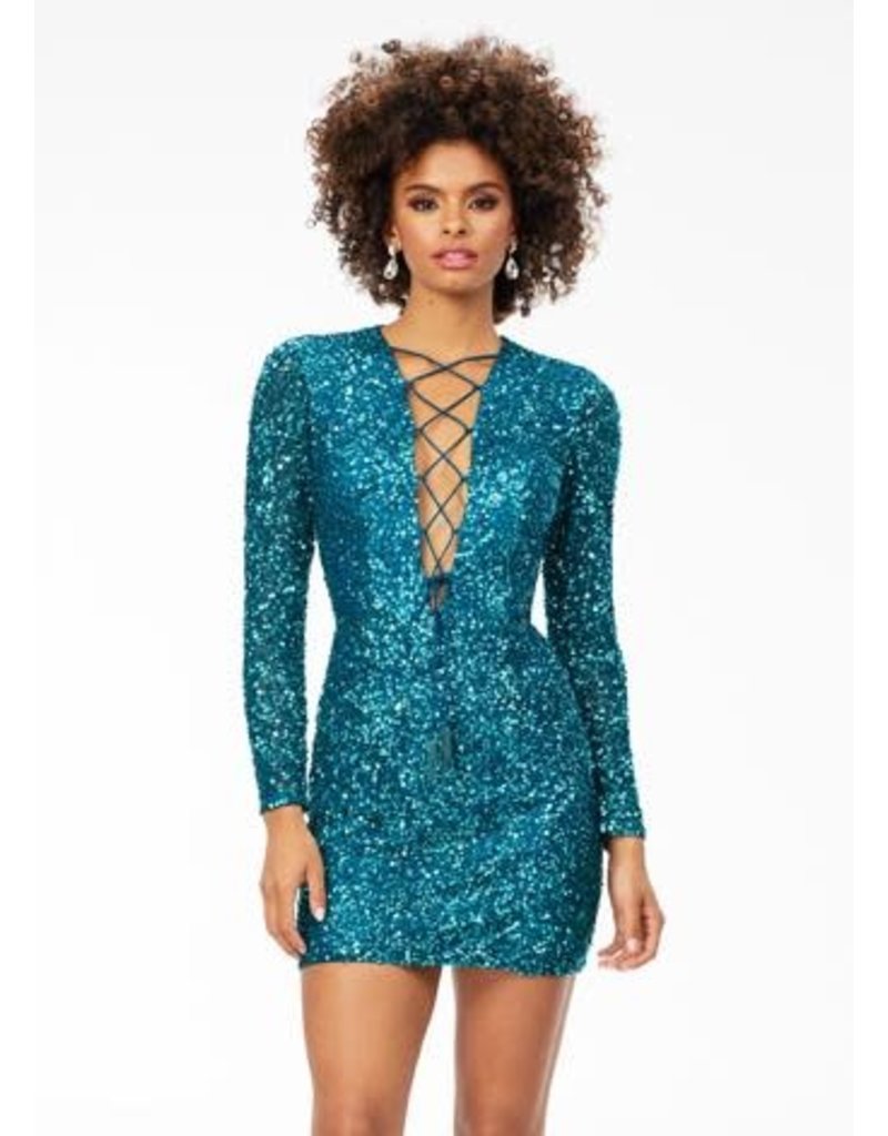 Sequin fitted long sleeve short gown 4512