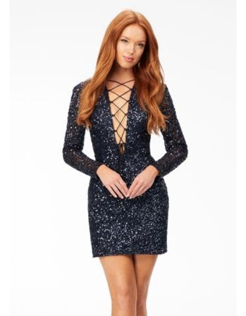Sequin fitted long sleeve short gown 4512
