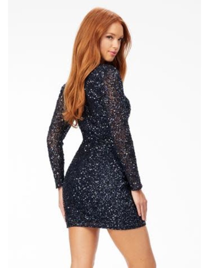 Sequin fitted long sleeve short gown 4512