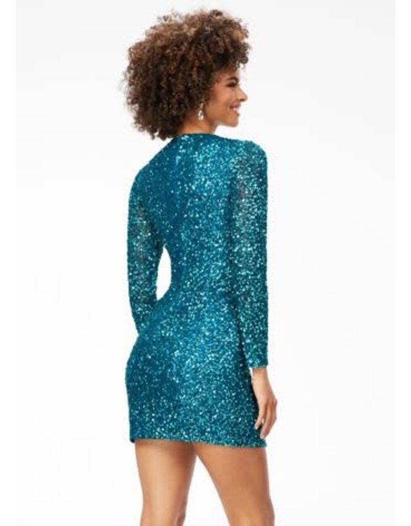 Sequin fitted long sleeve short gown 4512