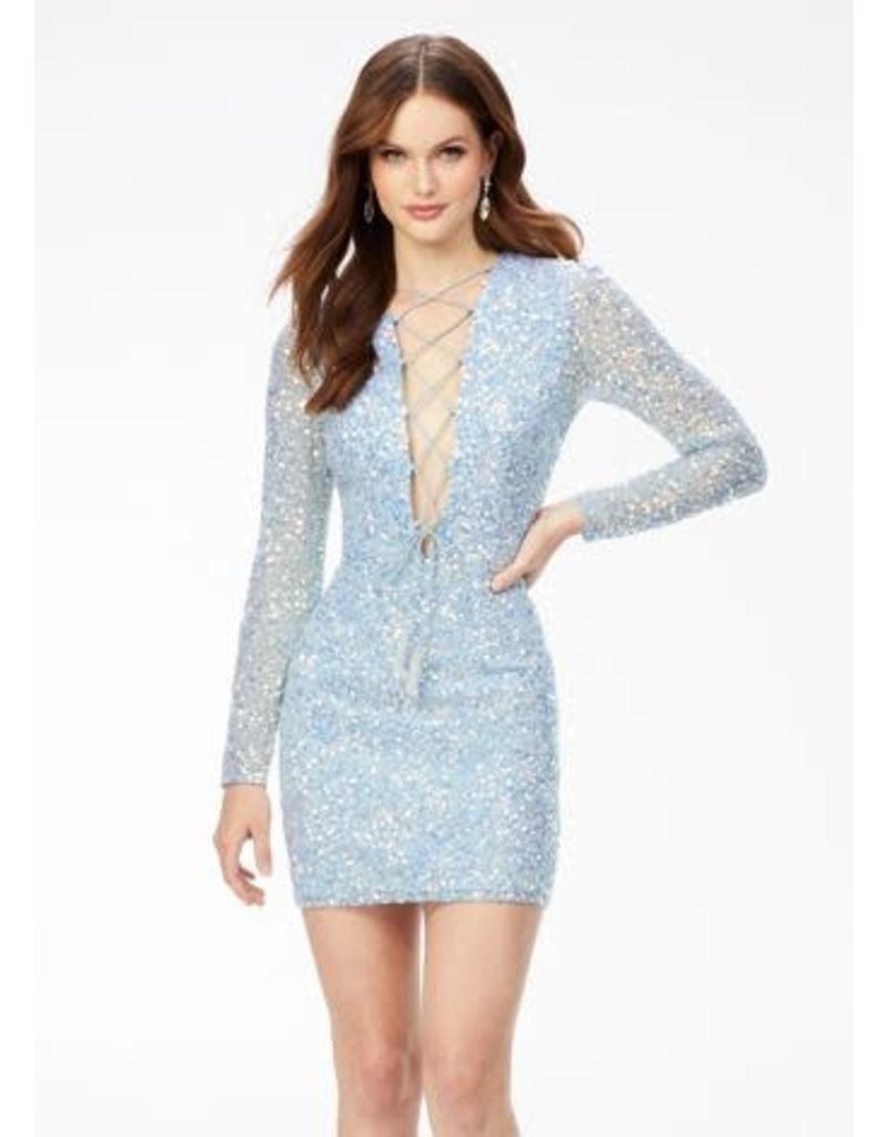 Sequin fitted long sleeve short gown 4512