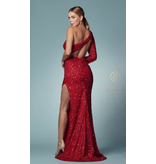 ONE SHOULDER SEQUIN GOWN W/ CUT OUT & HIGH SLIT S1013