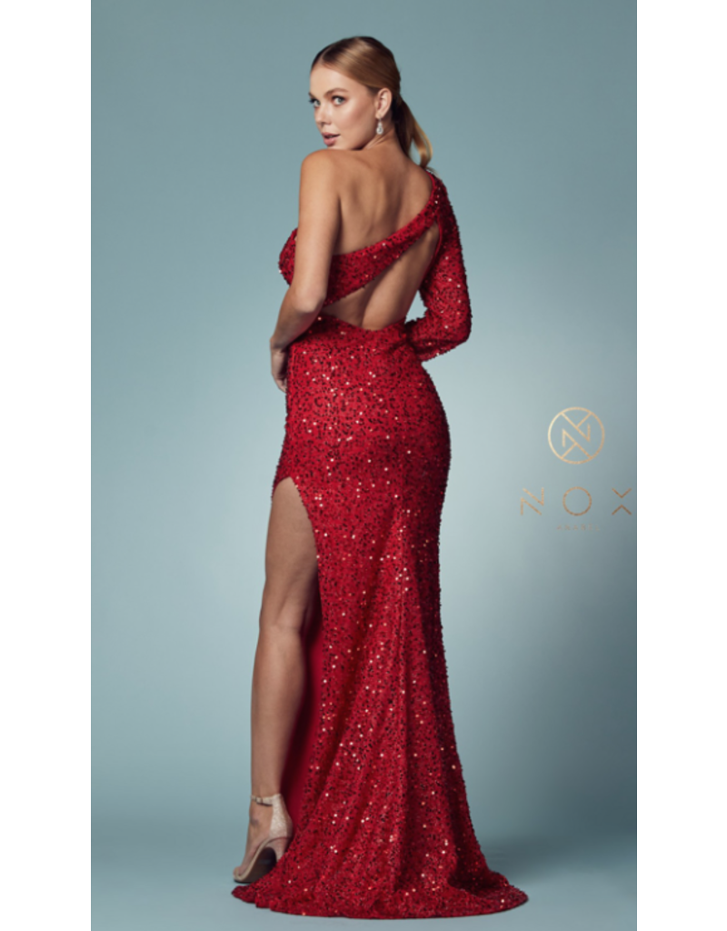 ONE SHOULDER SEQUIN GOWN W/ CUT OUT & HIGH SLIT S1013