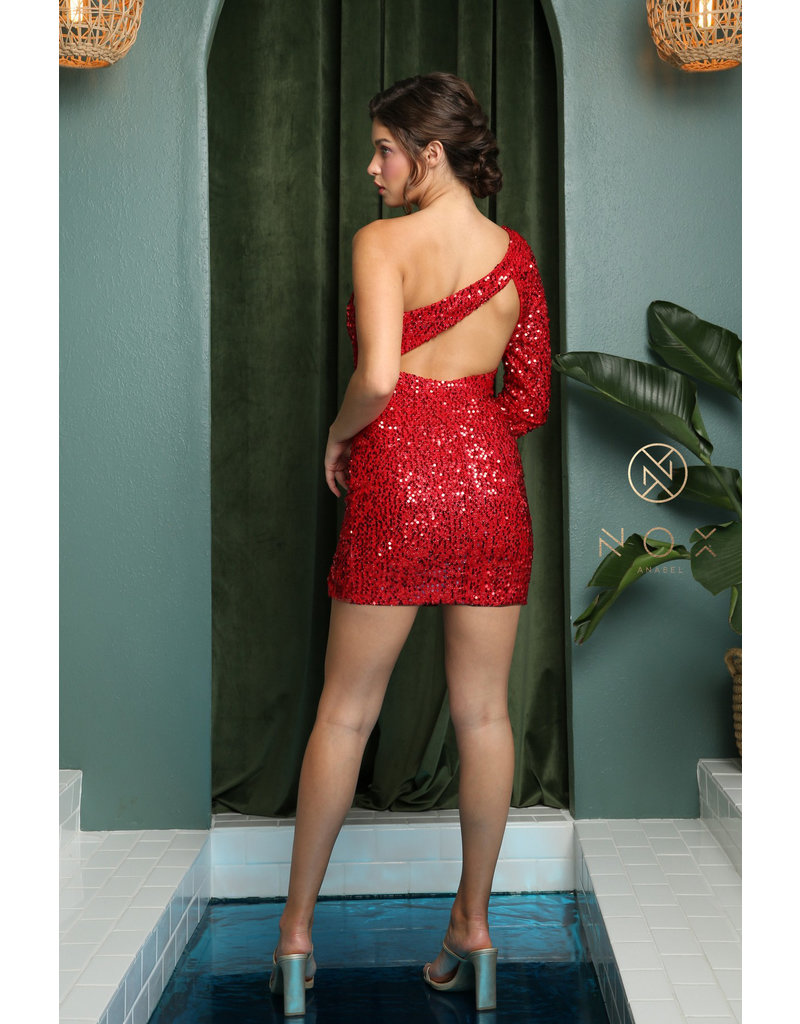 One shoulder sequin short gown S776