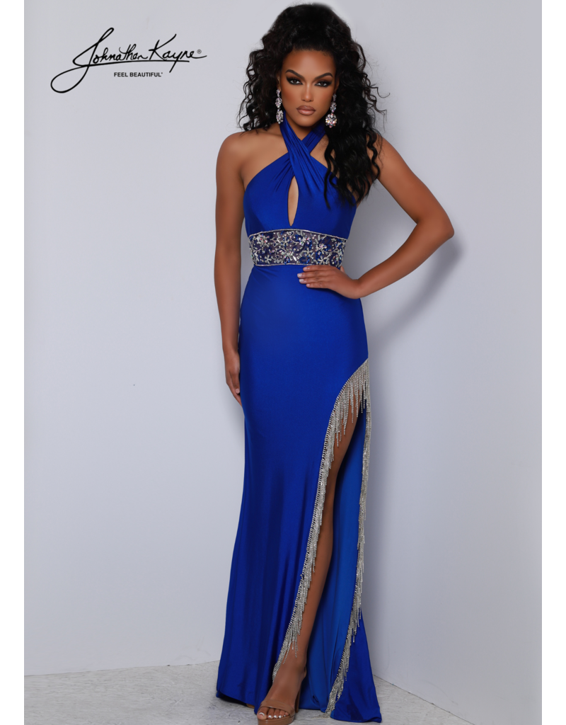 KEYHOLE HALTER GOWN W/ BEADED WAISTLINE & FRINGE 2604