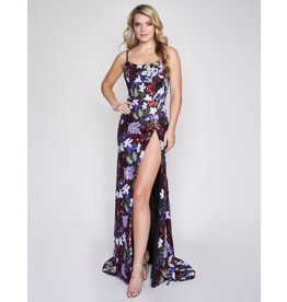 SEQUIN FLORAL GOWN W/ LEG SLIT 3225
