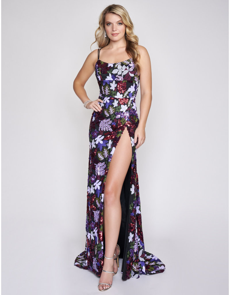 SEQUIN FLORAL GOWN W/ LEG SLIT 3225