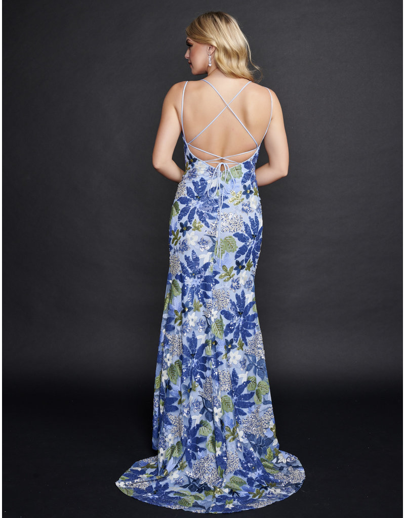 SEQUIN FLORAL GOWN W/ LEG SLIT 3225