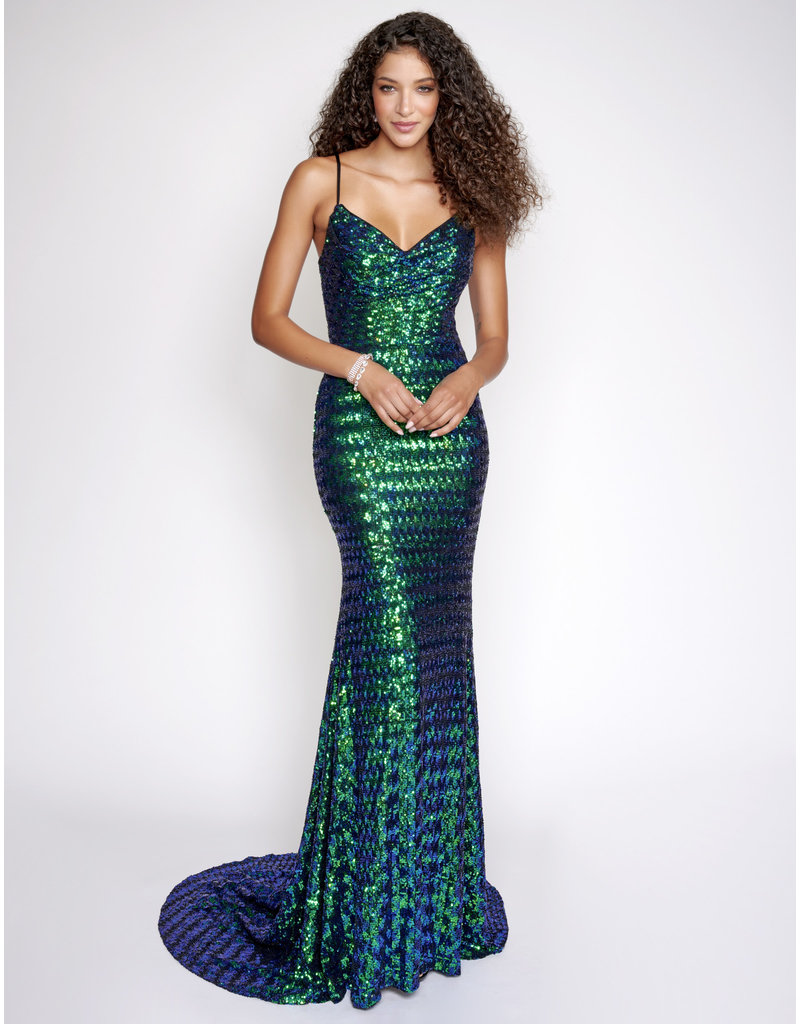 HOUNDSTOOTH SEQUIN GOWN W/ LACE UP BACK 3223