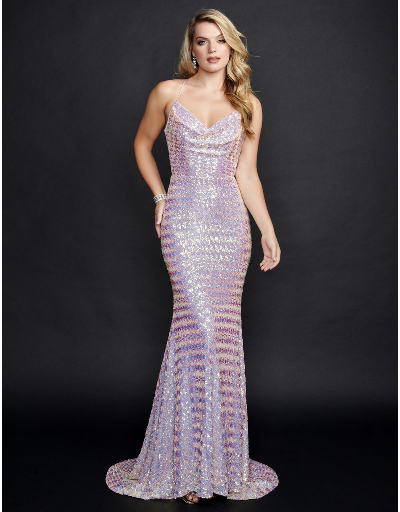 HOUNDSTOOTH SEQUIN GOWN W/ LACE UP BACK 3223