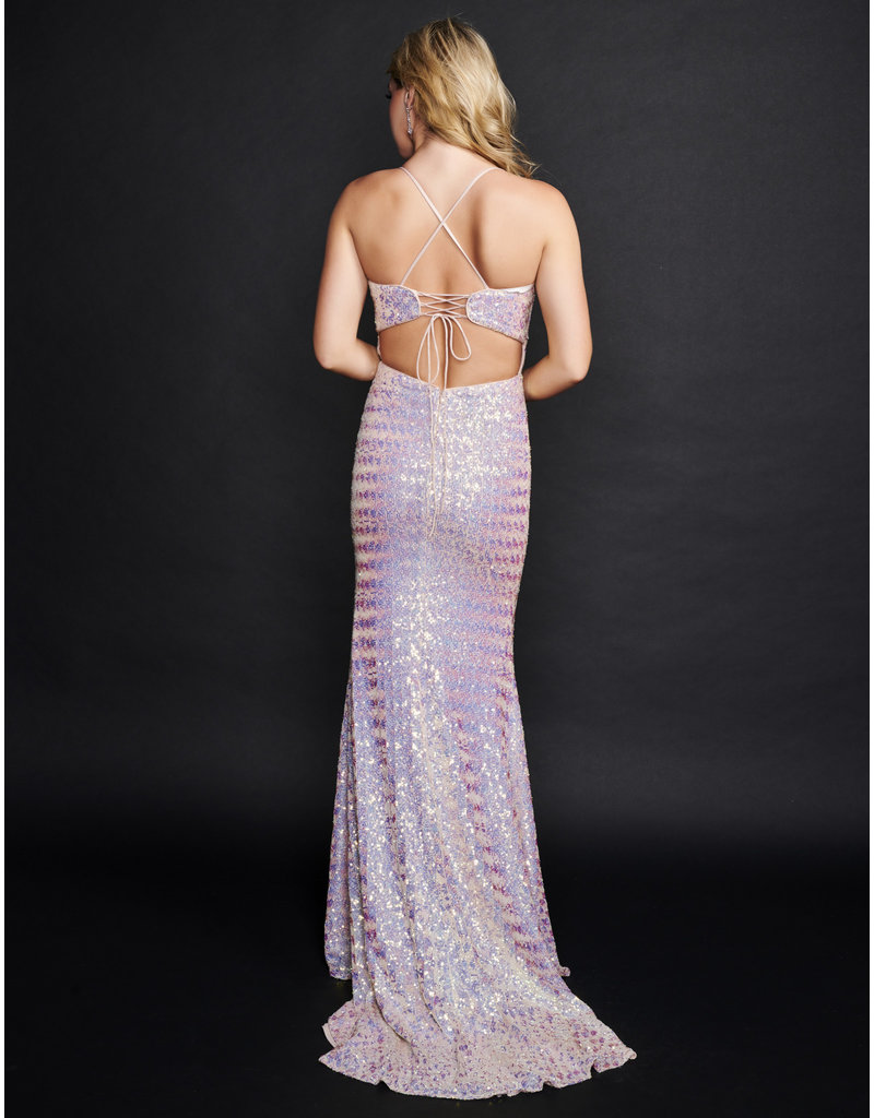HOUNDSTOOTH SEQUIN GOWN W/ LACE UP BACK 3223