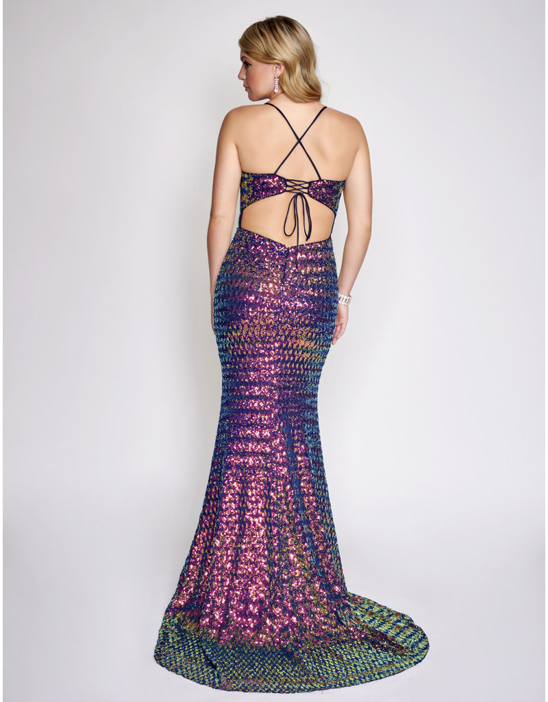 HOUNDSTOOTH SEQUIN GOWN W/ LACE UP BACK 3223