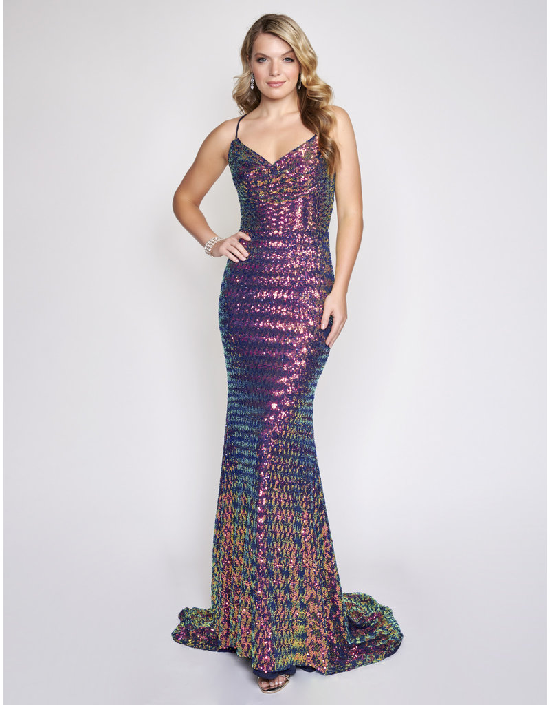 HOUNDSTOOTH SEQUIN GOWN W/ LACE UP BACK 3223