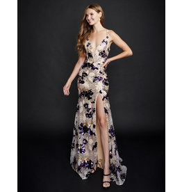 SEQUIN FLORAL GOWN W/ LEG SLIT 3221N