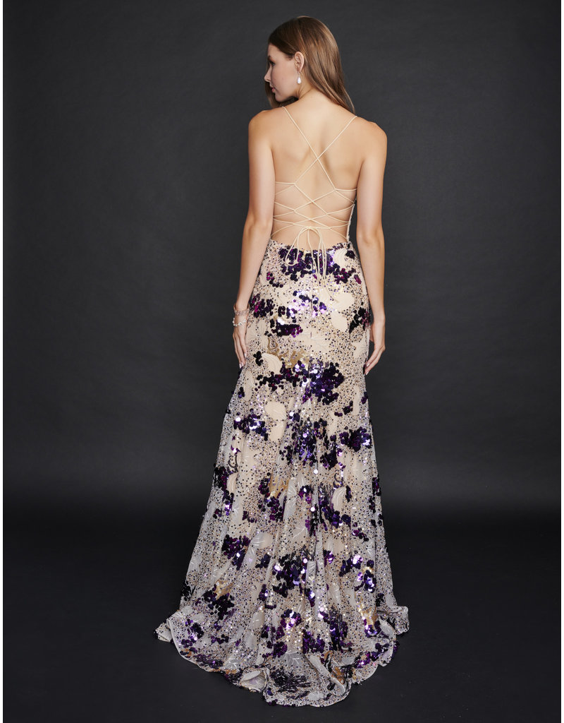 SEQUIN FLORAL GOWN W/ LEG SLIT 3221