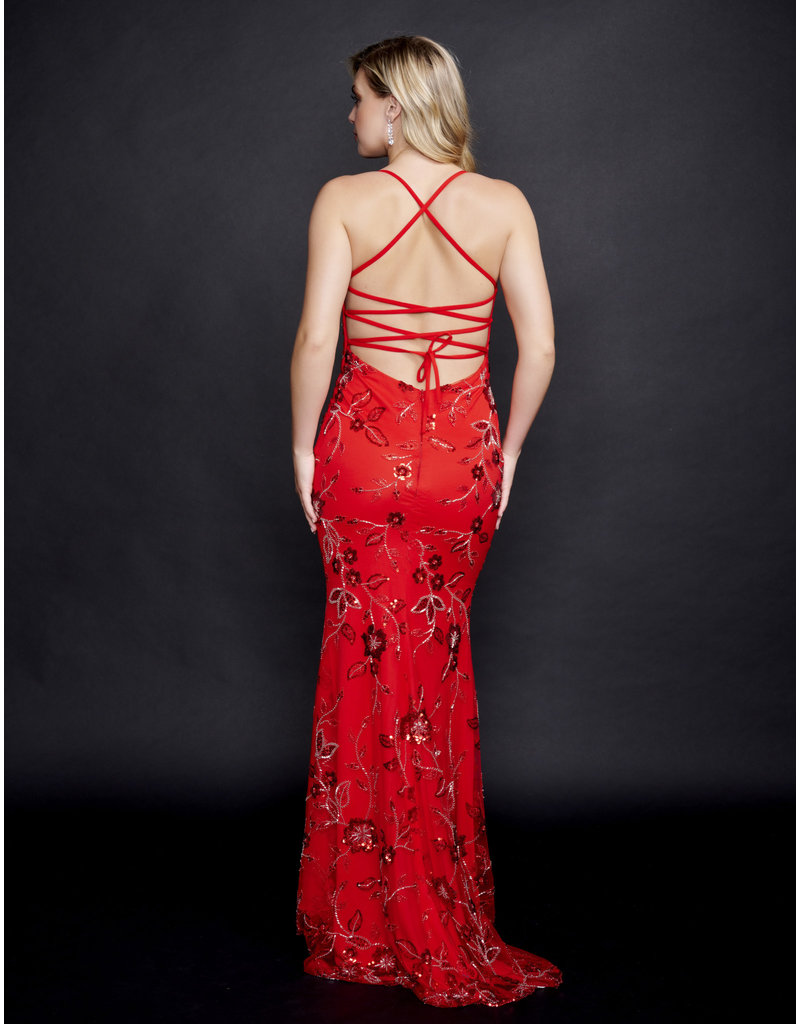 Fitted sequin deep v-neck lace up back gown 2368
