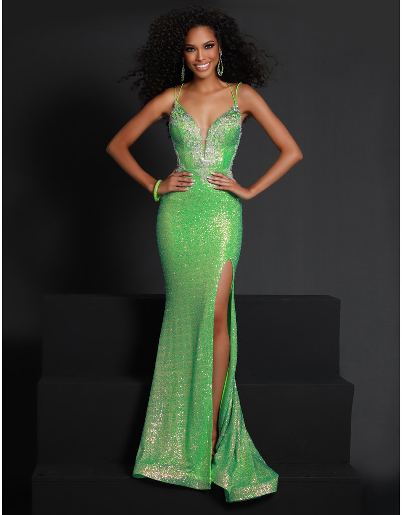 Spaghetti strap open back sequin fitted gown 23452
