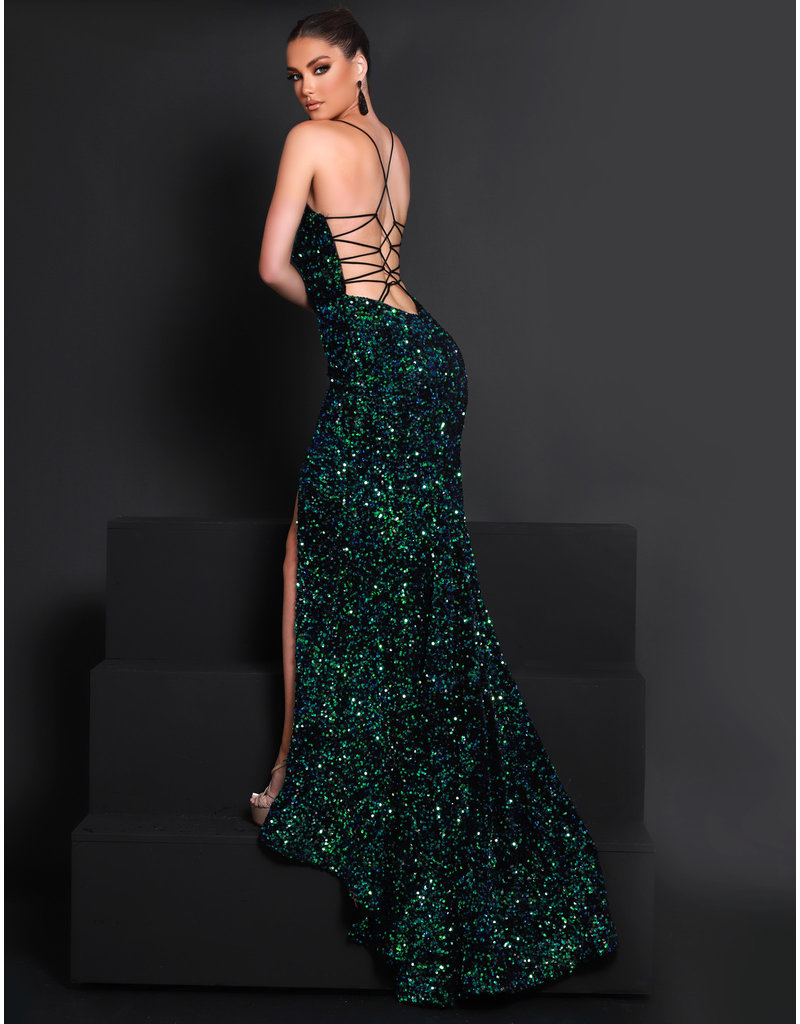 Fitted sequin/velvet open lace up back gown w/leg slit 23204