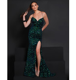 Fitted sequin/velvet open lace up back gown w/leg slit 23204