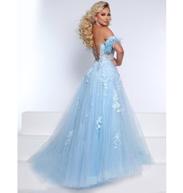 Off the shoulder lace a-line gown w/leg slit and feathers 23212