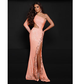 One shoulder long sleeve sequin cut out fitted gown 23225
