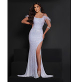 Fitted sequin stretch gown w/feathers 23237