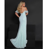 Fitted sequin stretch gown w/feathers 23237