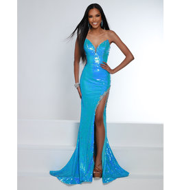 Strapless Sequin v-neck Fitted gown w/beaded leg slit 23390