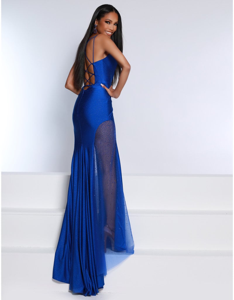 Fitted glitter jersey v-neck sheer side gown 23422