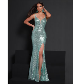 Fitted sequin v-neck gown w/leg slit 23440