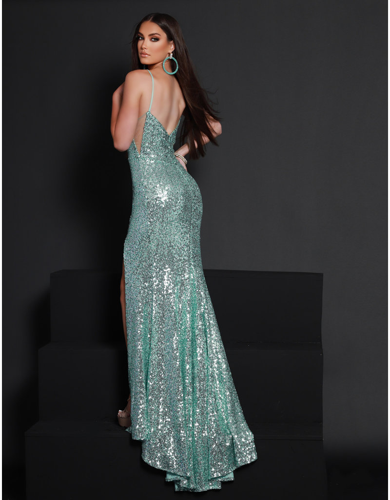 Fitted sequin v-neck gown w/leg slit 23440
