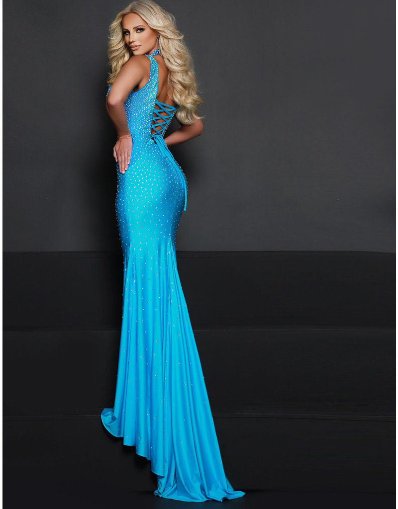 Two tone fitted jersey gown w/corset back 2611